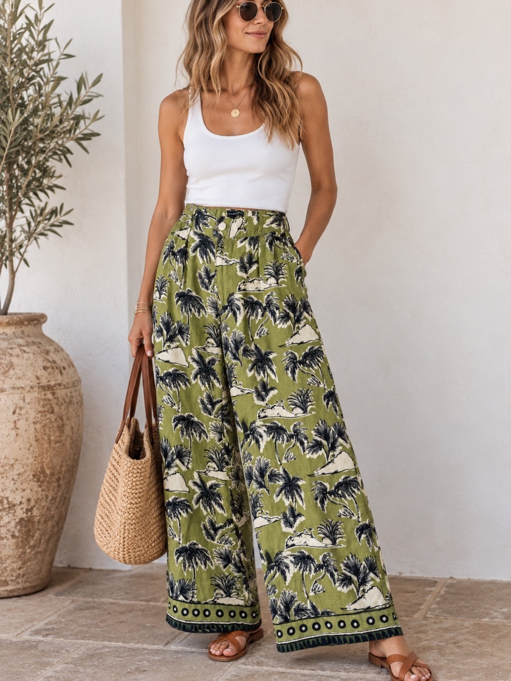 Tahari Linen and Flax Olive Green Tropical Palm Wide-Leg Pants